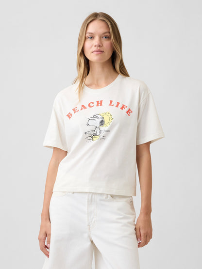 Beyaz Peanuts Oversized Grafik Baskılı T-shirt