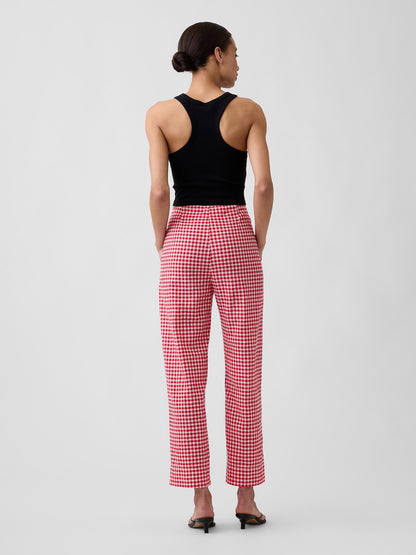 Kırmızı High Rise Keten Karışımlı Straight Crop Pantolon