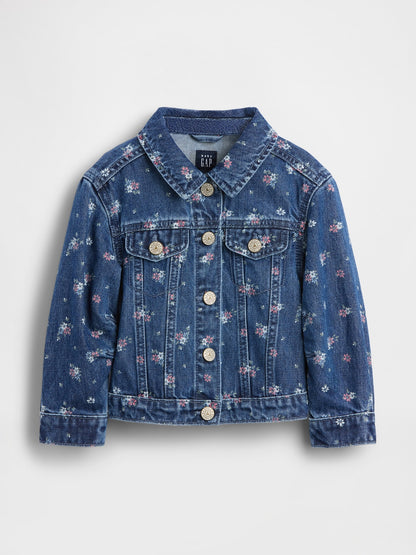 Mavi Çiçek Desenli Denim Ceket