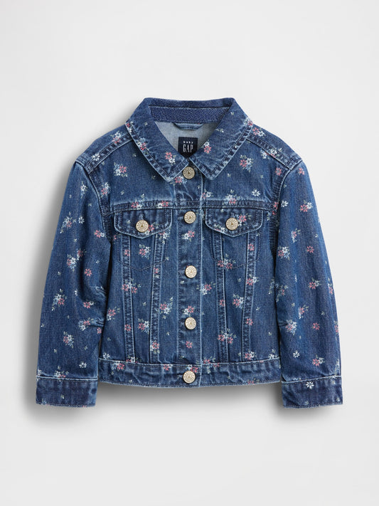 Mavi Çiçek Desenli Denim Ceket
