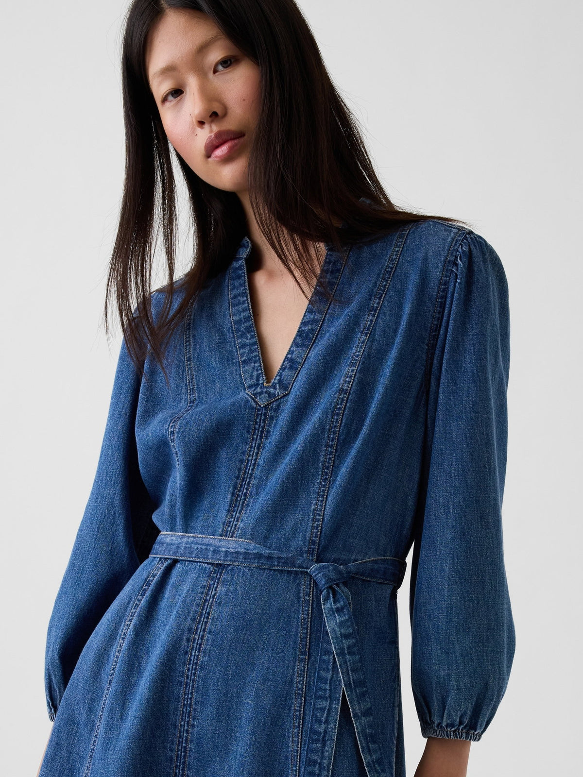 Mavi Denim Kemerli Midi Elbise