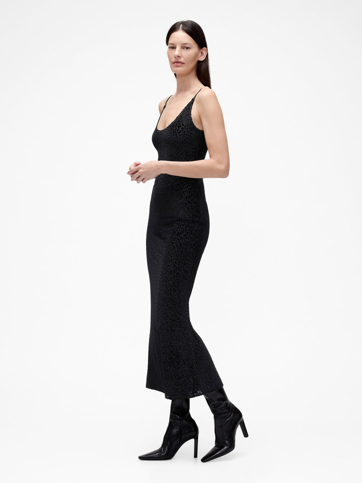 Siyah Gapstudio Yanık Kadife Leopar Slip Elbise