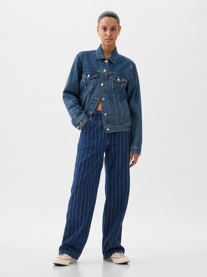 Koyu Mavi Mid Rise '90s Loose Çizgili Carpenter Jean Pantolon