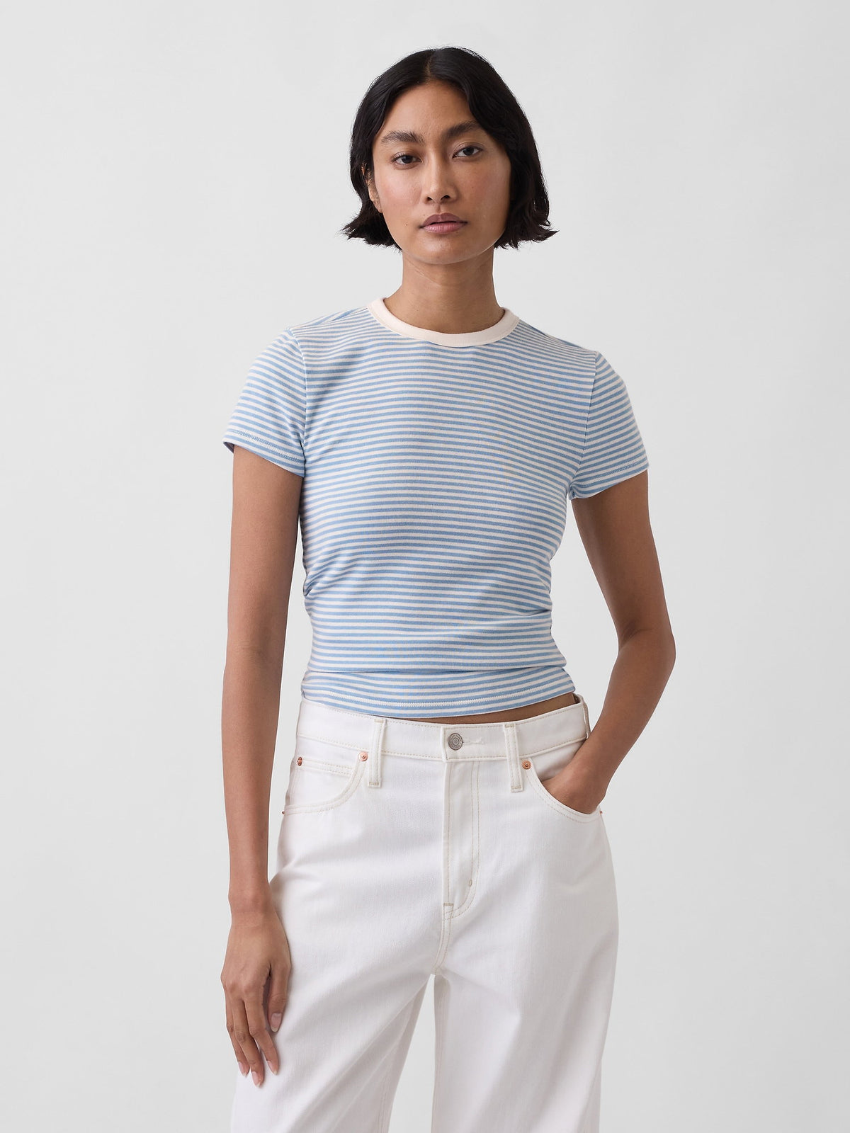 Açık Mavi Modern Bisiklet Yaka T-shirt