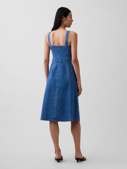 Mavi Denim Düğmeli Midi Elbise
