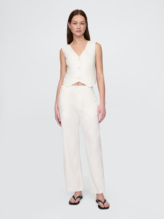 Beyaz Keten Karışımlı Relaxed Straight Ankle Pantolon
