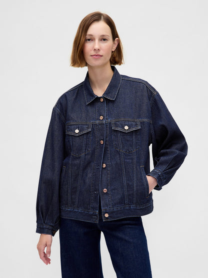 Koyu Mavi Ultrasoft Oversized Balon Kol Icon Denim Ceket