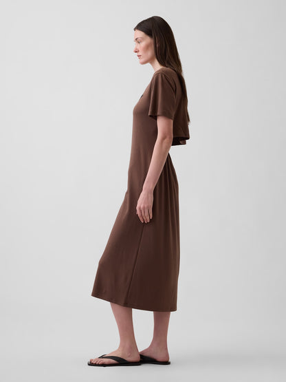 Kahverengi Relaxed Gap Logo Cutout T-shirt Midi Elbise
