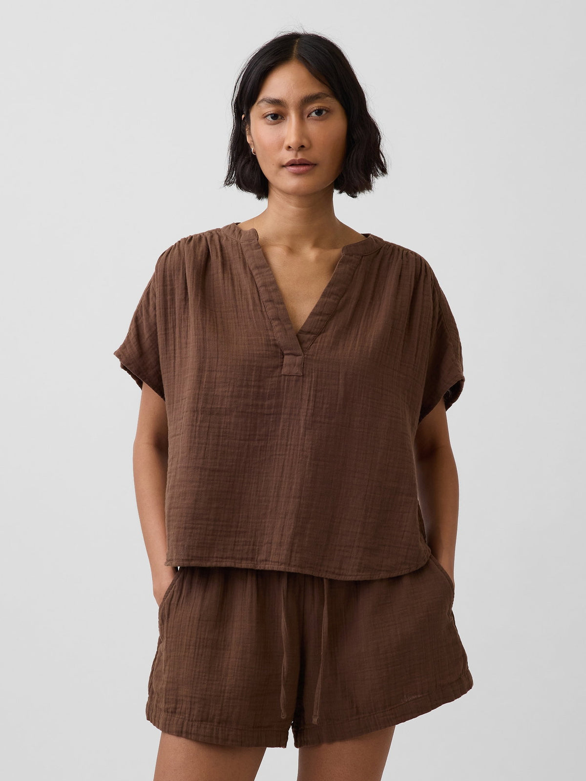 Kahverengi Pamuk Gauze Oversized Split-neck Üst