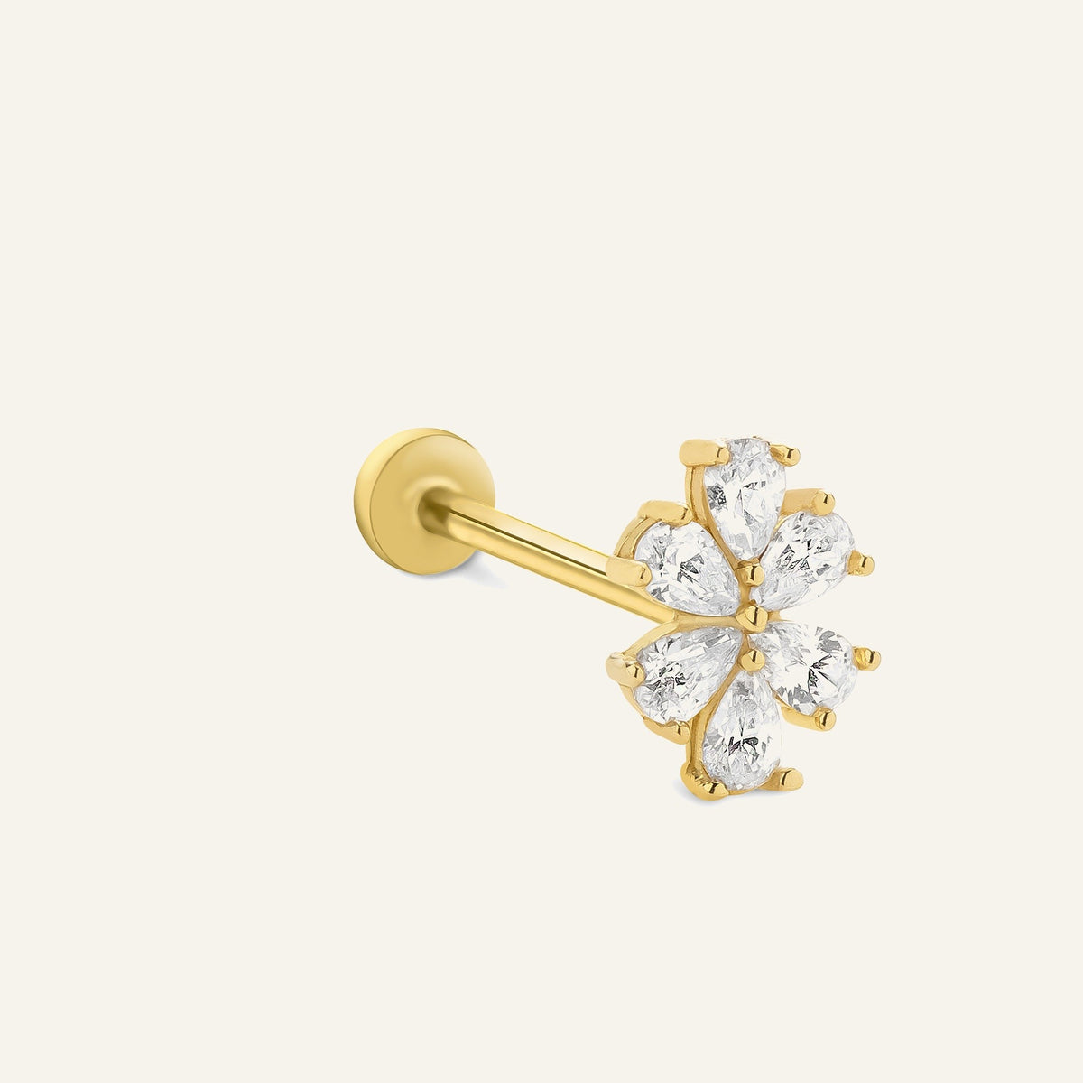 Nola Altı Yapraklı Çiçek Figürlü Beyaz Taşlı Altın Kulak Piercing