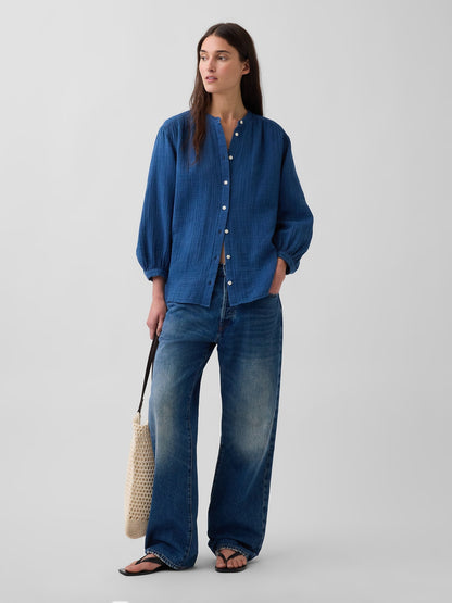 Koyu Mavi Pamuk Gauze Denim Oversized Yakasız Gömlek
