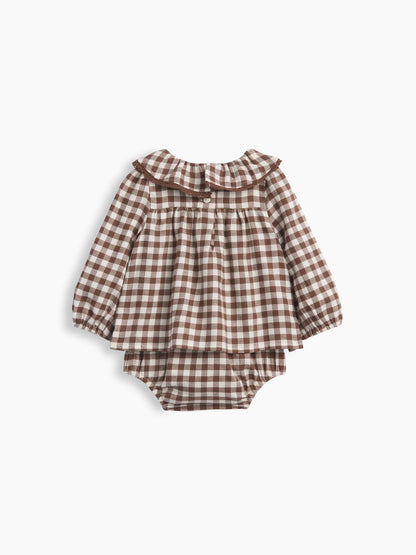 Kahverengi Gingham Flannel Bodysuit Elbise