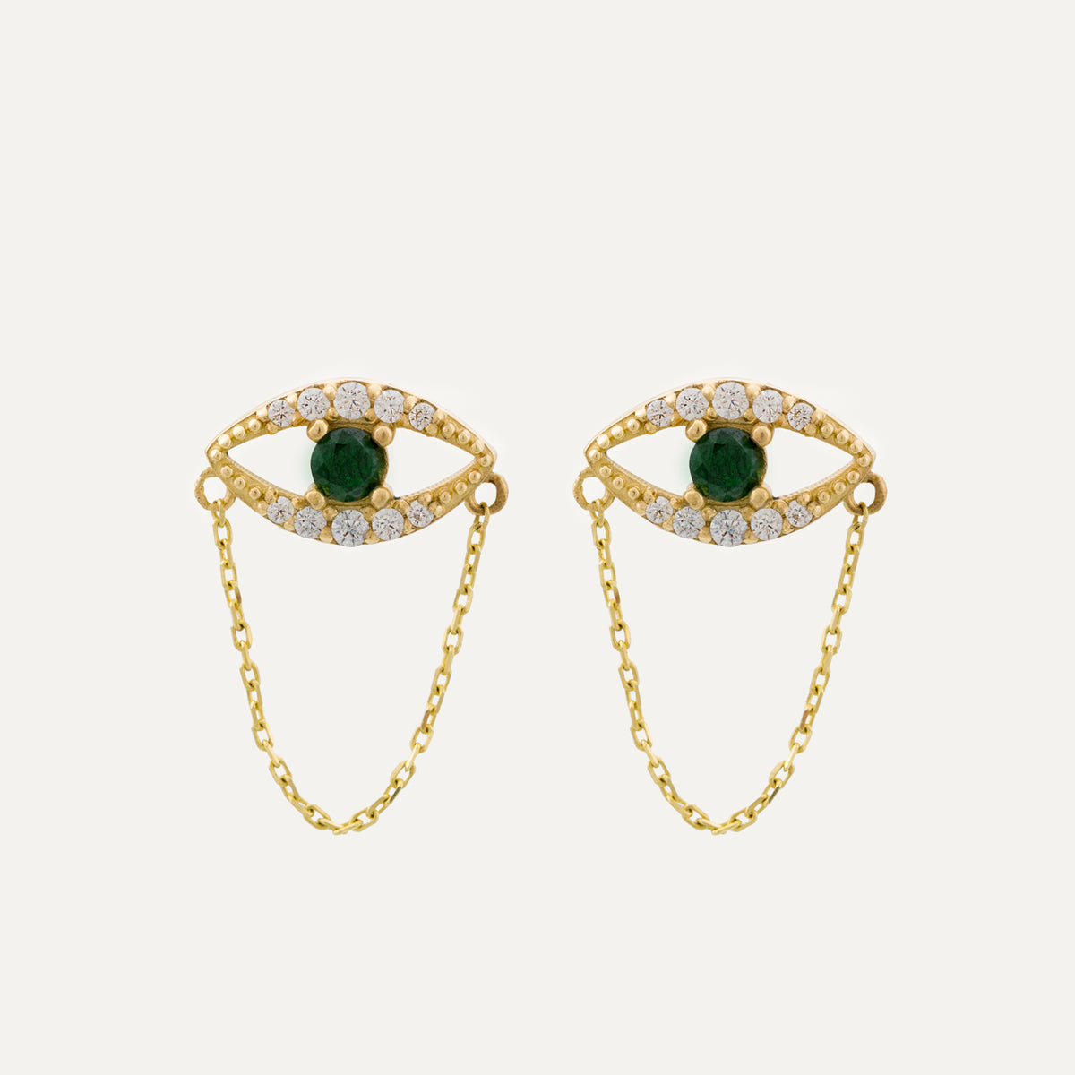 Green Eyes Göz Figürlü Çok Taşlı Zincir Sallantılı Pimli Altın Küpe