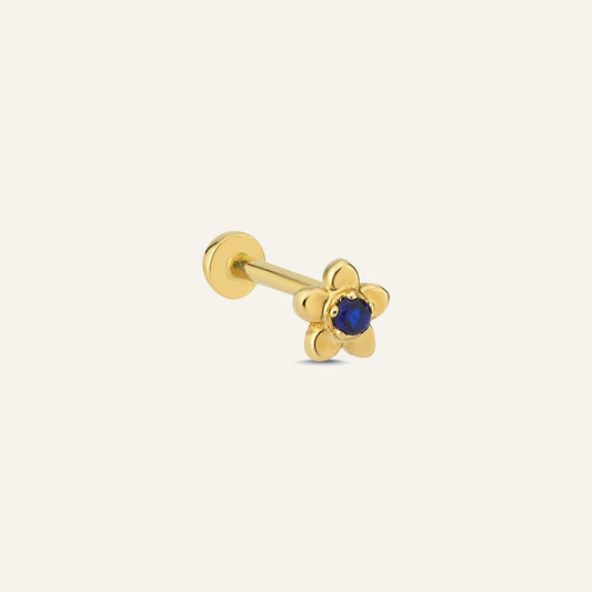 Arven Çiçek Figürlü Mavi Taşlı Altın Kulak Piercing