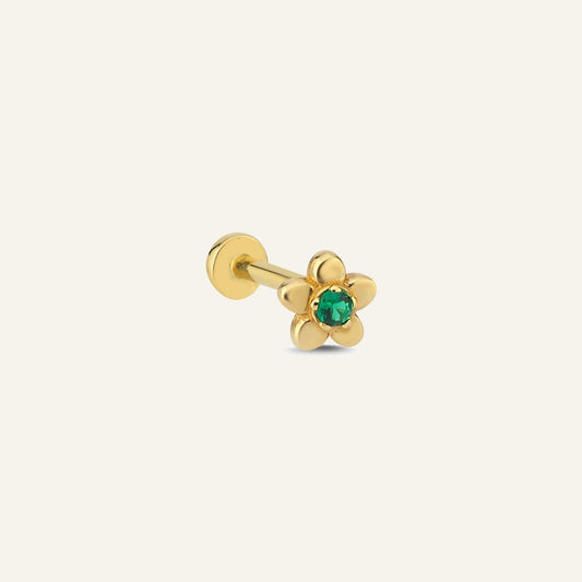 Lorin Çiçek Figürlü Yeşil Taşlı Altın Kulak Piercing