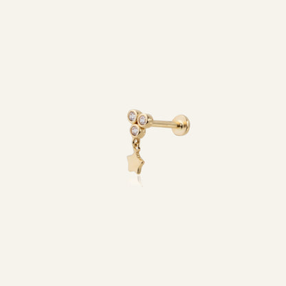 Kavurek Sallantılı Yıldız Figürlü Taşlı Altın Kulak Piercing