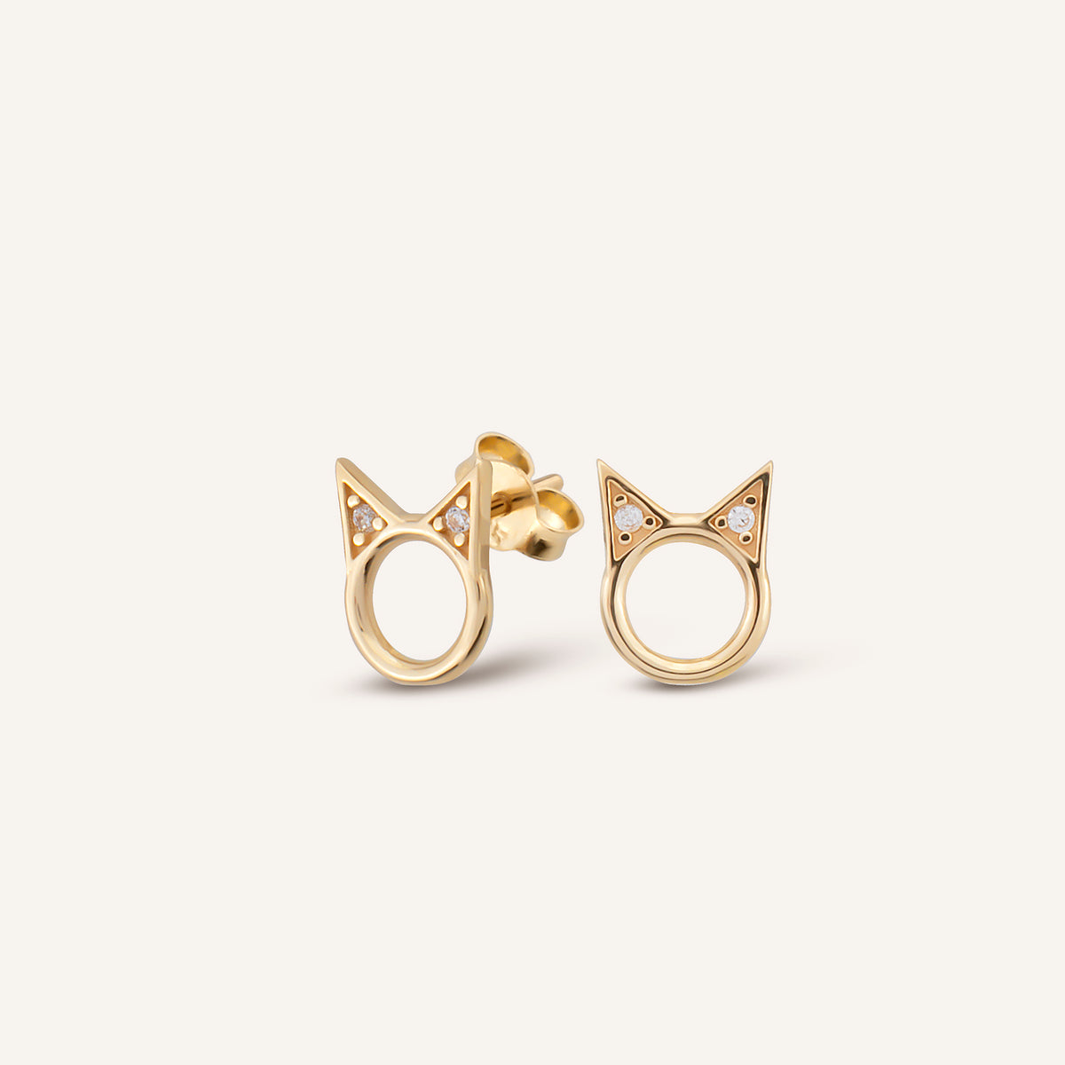 Gold Cat Kedi Kulağı Figürlü Iki Taşlı Pimli Altın Küpe