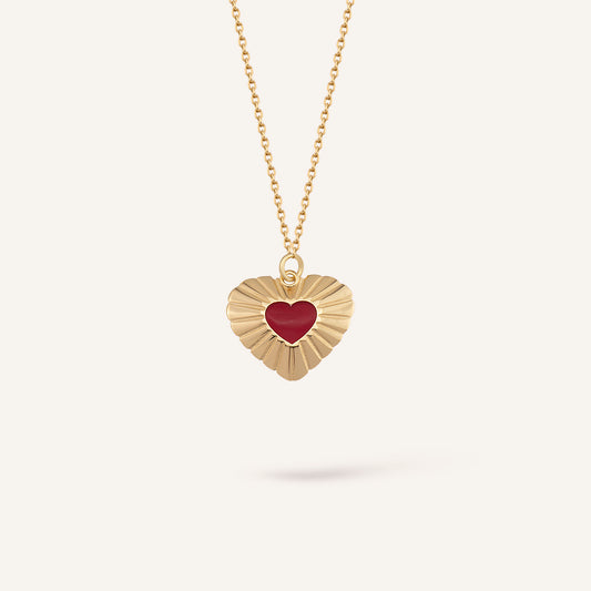 Love Glow Kırmızı Mineli Kalp Figürlü Altın Kolye