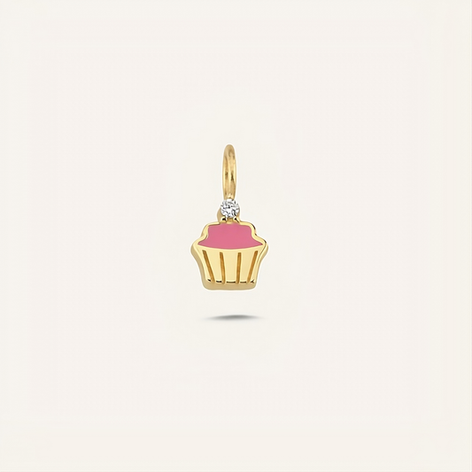 Pink Cupcake Figürlü Pembe Mineli Tek Taşlı Altın Charm