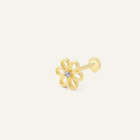 Petalya Çiçek Figürlü Tek Taş Altın Kulak Piercing