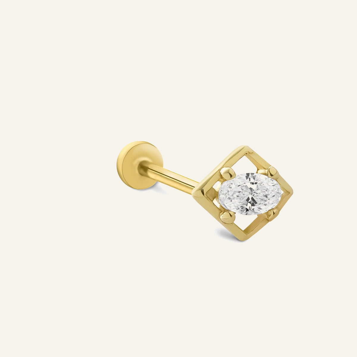 Ovalisca Oval Kesim Tek Taşlı Altın Kulak Piercing