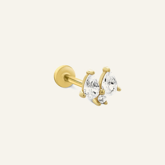 Dualdrip Damla Ve Yuvarlak Kesim Taşlı Altın Kulak Piercing