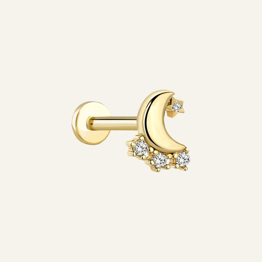 Moondust Ay Figürlü Yıldız Taşlı Çok Taşlı Altın Kulak Piercing