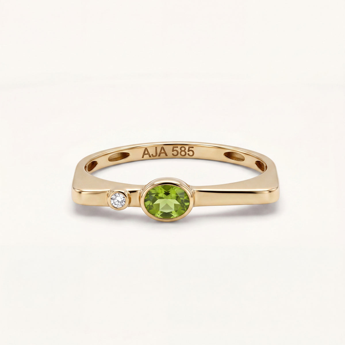 Puzzle Ağustos Ayı Kare Kesim Peridot Renk Ay Taşı Altın Yüzük