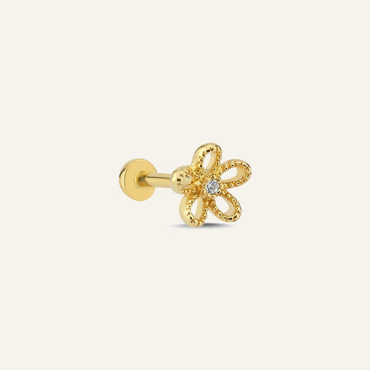 Florien Çiçek Figürlü Tek Taş Altın Kulak Piercing