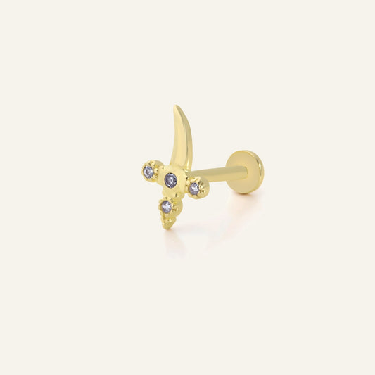 Hançer Figürlü Çok Taşlı Altın Kulak Piercing