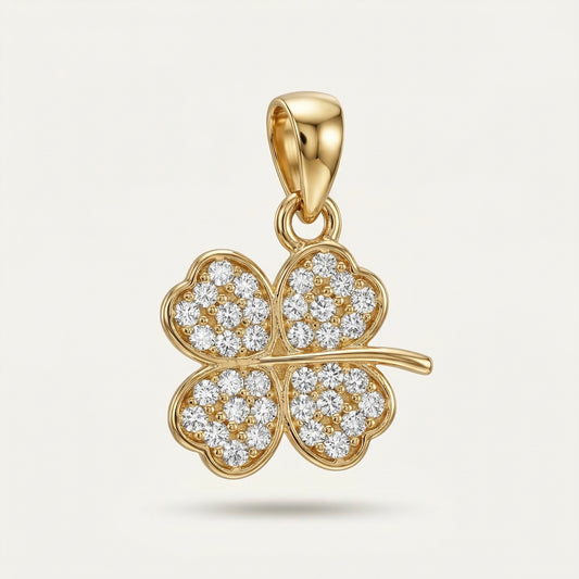 Shiny Lucky Clover Yonca Figürlü Taşlı Altın Kolye Ucu