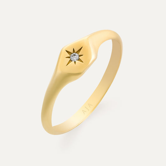 Star Face Kuzey Yıldızı Motifli Tek Taşlı Altın Yüzük