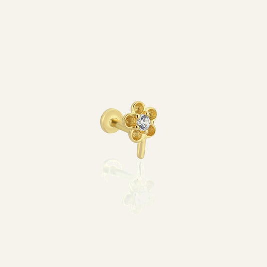 Dora Beş Yapraklı Çiçek Figürlü Beyaz Taşlı Altın Kulak Piercing